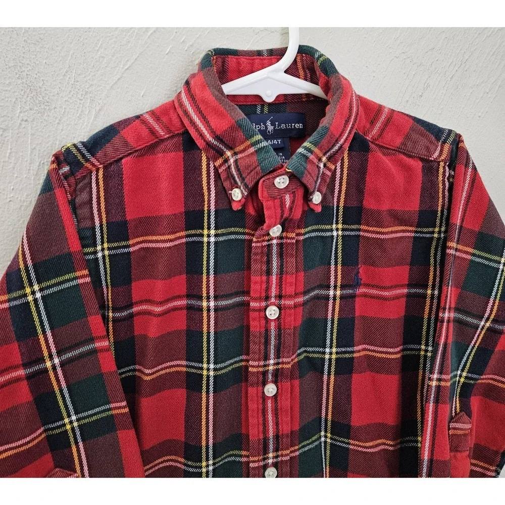 Ralph Lauren Toddler Boys Red Green Plaid Long Sleeve Shirt Size 4T Pony Logo